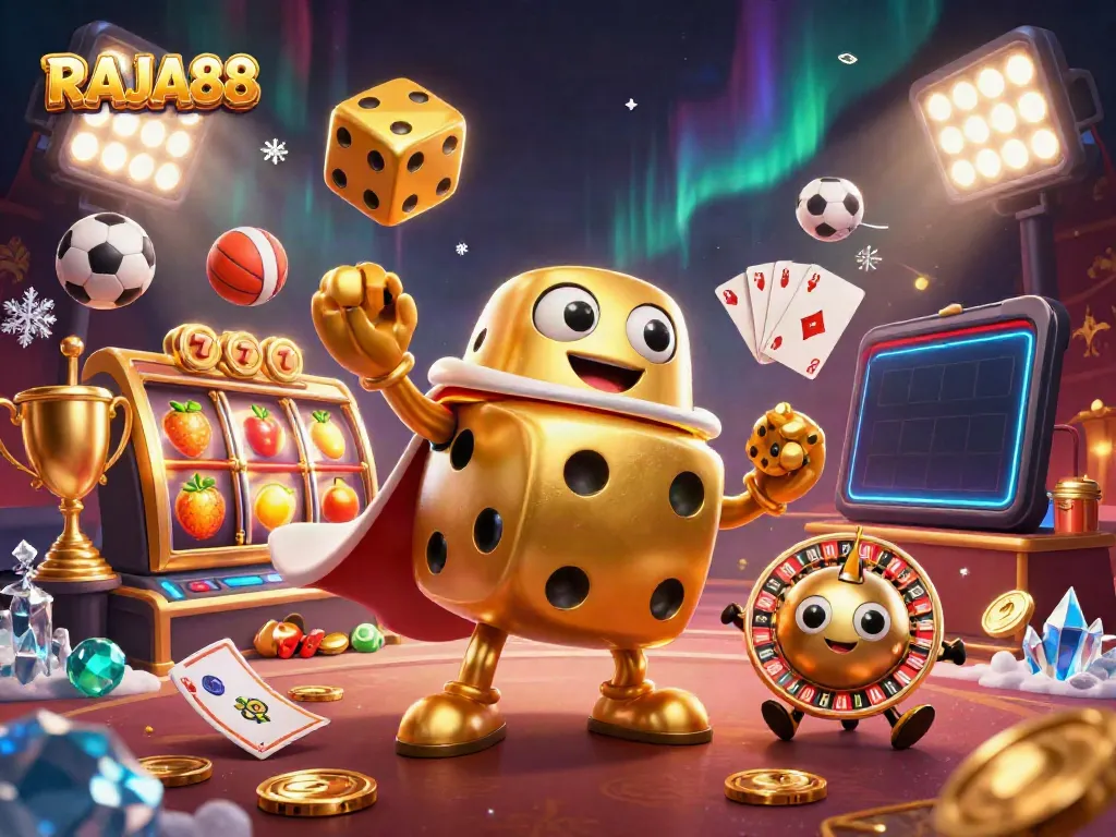 RAJA88 menampilkan golem dadu emas dan slot terbaru dalam ilustrasi kasino yang menarik.