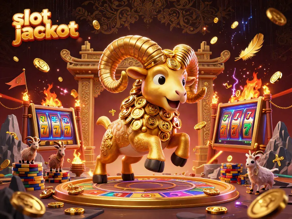 Spin to win with slot jackpot: exciting scene of a golden ram charging through slot reels amidst coins and fiery effects.