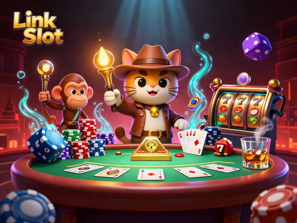 Engage with Link Slot in this thrilling 3D illustration featuring adventurous characters amidst vibrant casino elements.
