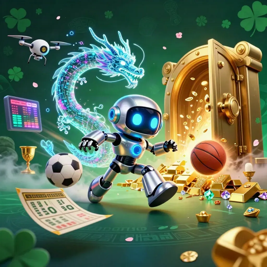 Cyberpunk robot, AI dragon and coin drone burst from a vault with casino loot and neon light.