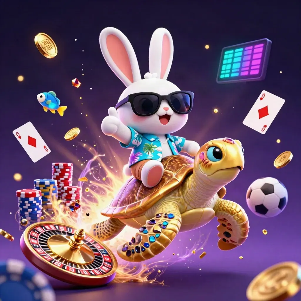 Lucky rabbit on a golden sea turtle amid casino coins, cards, chips, and neon magic.