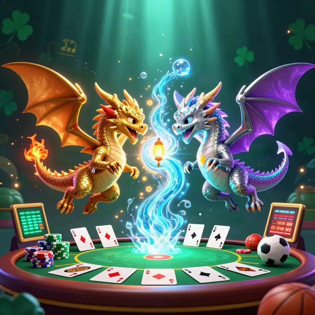Twin dragons whirl amid neon casino props, chips, cards, and cyan-purple light in a dark emerald scene.