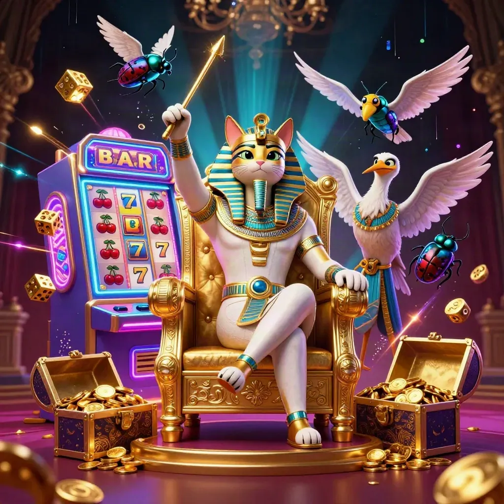 Pharaoh cat on a throne with an ibis scribe, scarabs, slot burst, gold treasure, neon glow
