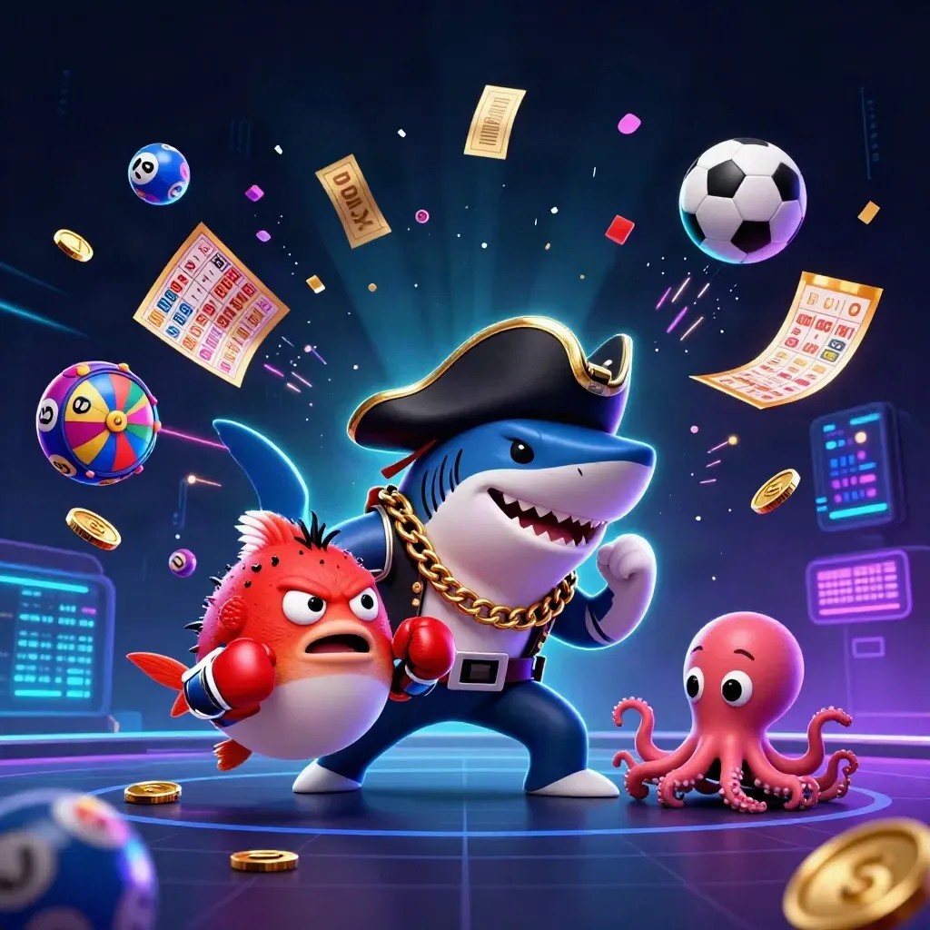 Pirate shark, red pufferfish, and baby octopus amid lottery balls, coins, wheel, and neon casino energy