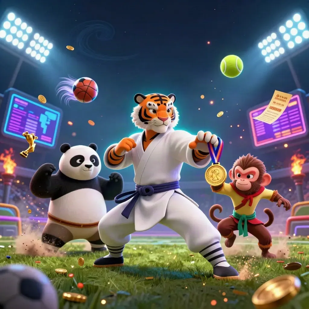 Neon cyber arena scene with a tiger master, panda, monkey, and flying balls, coins, and trophy.
