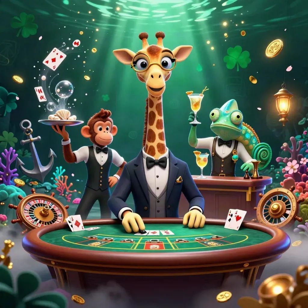 Cartoon giraffe, monkey valet and chameleon bartender in a jeweled casino room with treasure effects.