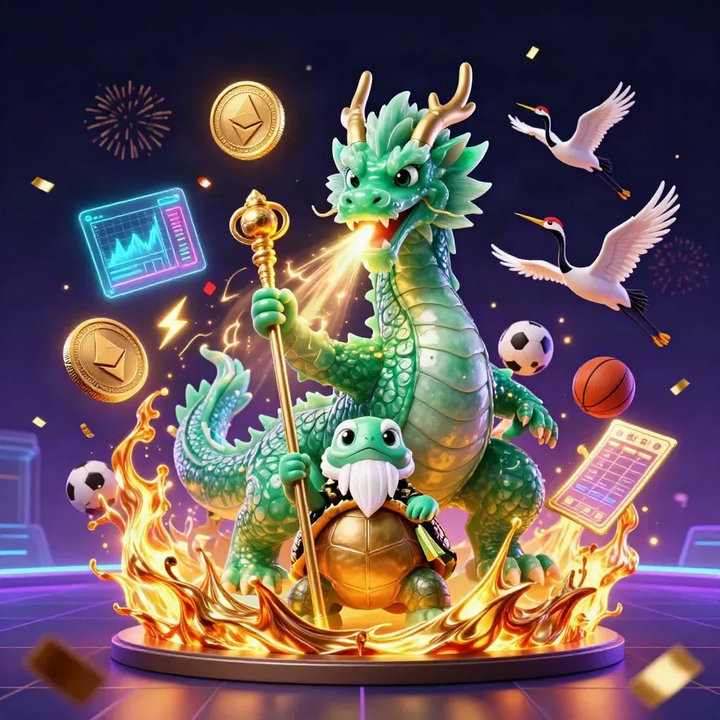 Jade dragon, turtle sage, and cranes amid neon casino coins and energy