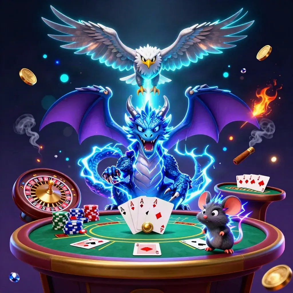 Thunder dragon, wind hawk, and static mouse in a luxe neon casino scene with chips, cards, and glowing lights.