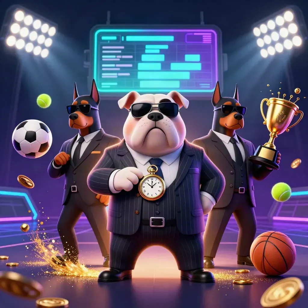 Bulldog mob boss and Dobermans amid sports balls, trophy, neon arena lights, and casino sparks.
