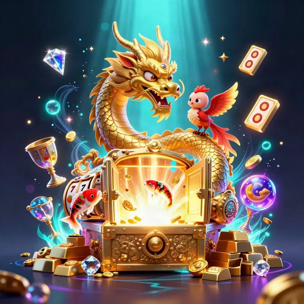Golden dragon, phoenix and koi erupt around treasure with cyan vault glow and casino sparks.