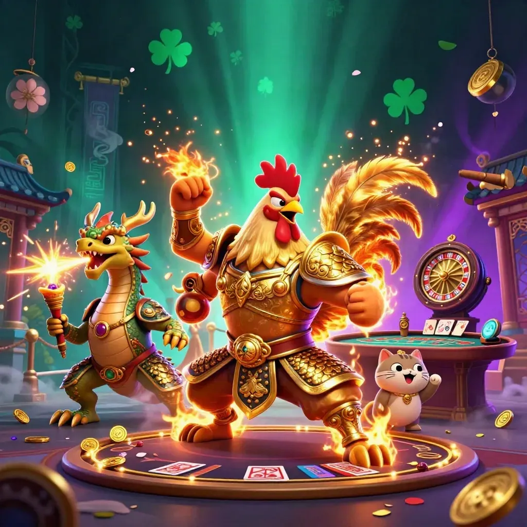 Rooster warrior, dragon hatchling, and fortune-cat in a neon casino battle lounge.