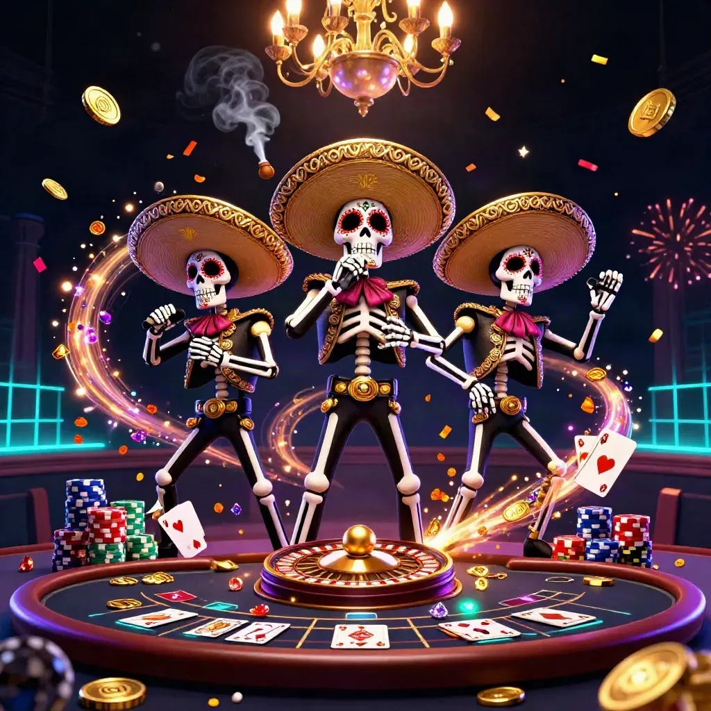 Day-of-the-Dead mariachi skeleton trio in a neon casino storm of coins, cards, chips, and fireworks