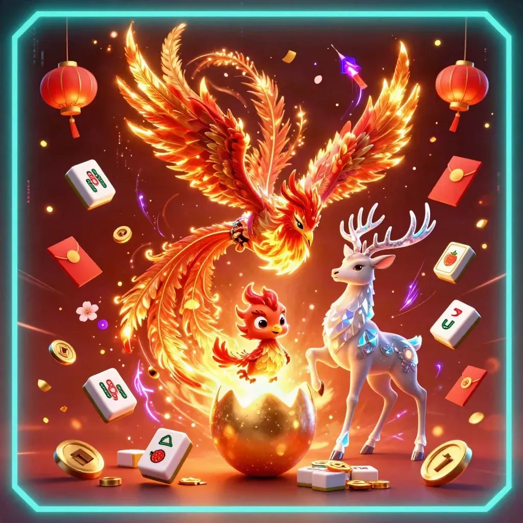 Phoenix trio bursting through casino gems on a crimson neon background