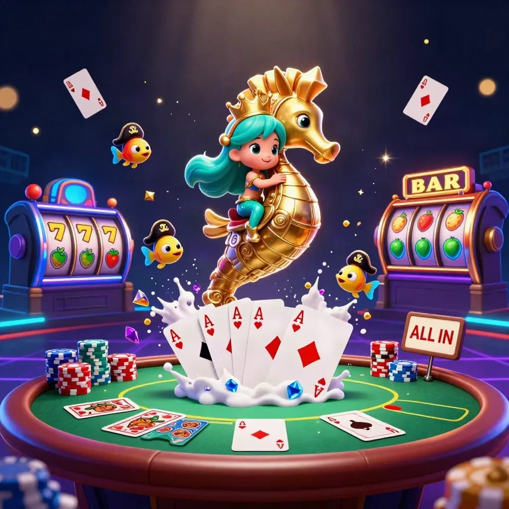 Mermaid princess on armored seahorse amid poker chips, reels, glowing gems and pirate fish.