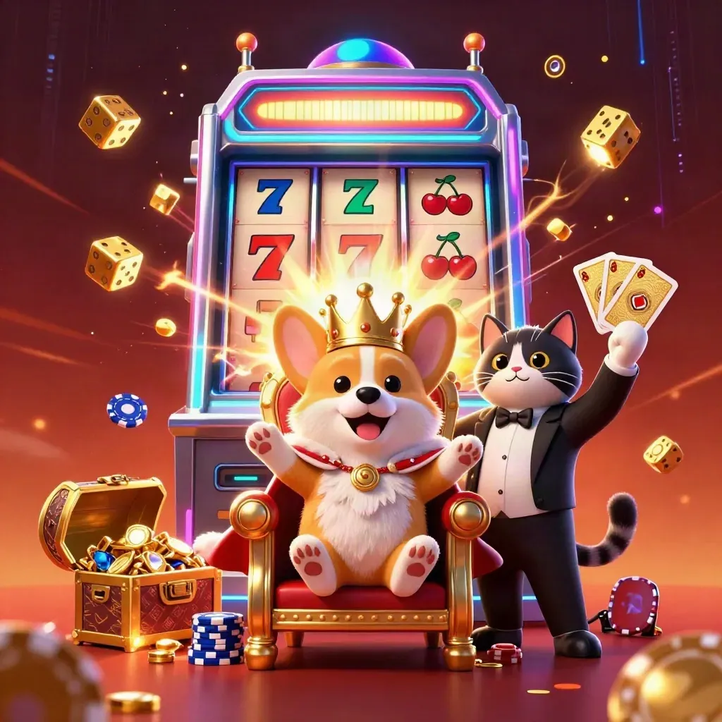 Royal corgi and cat butler amid exploding slot machine, gold, gems, and neon energy.