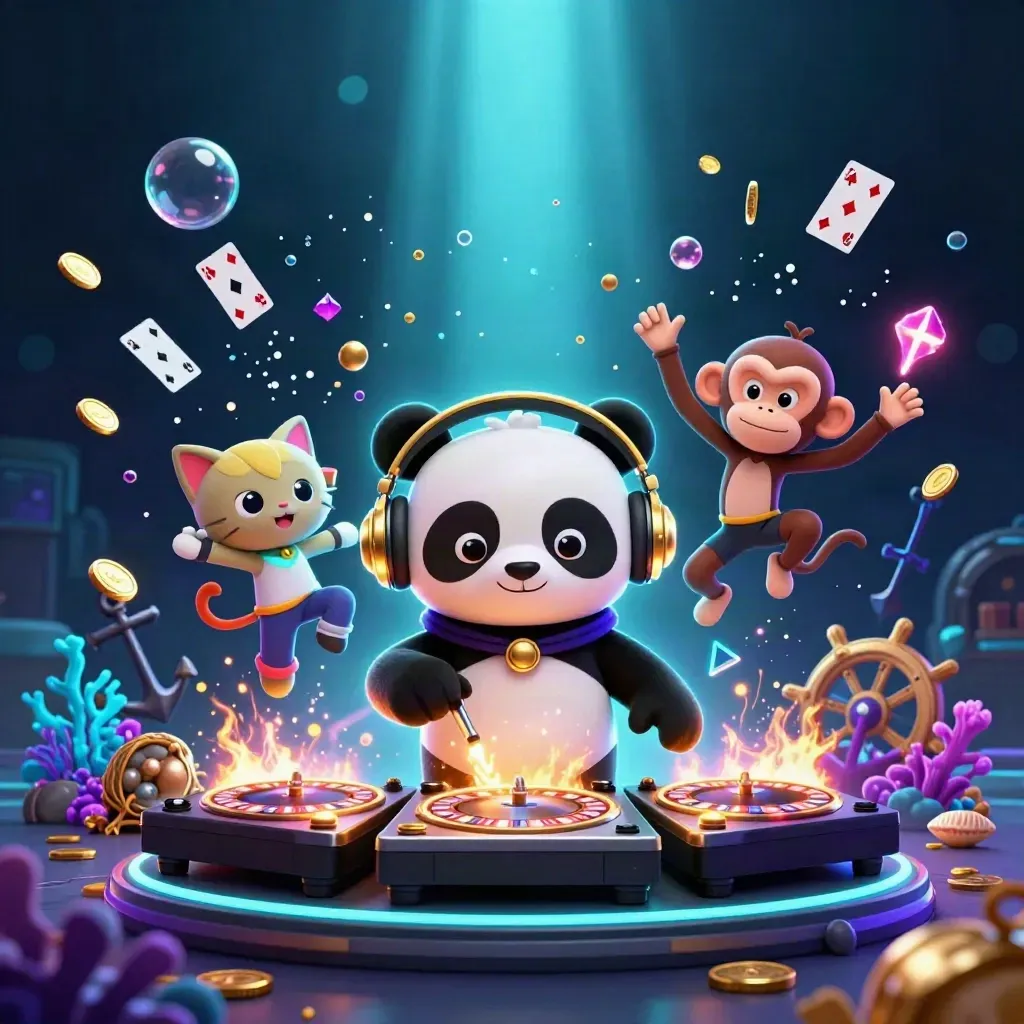 DJ panda, breakdancing monkey, and glow-stick kitten in an underwater treasure cove