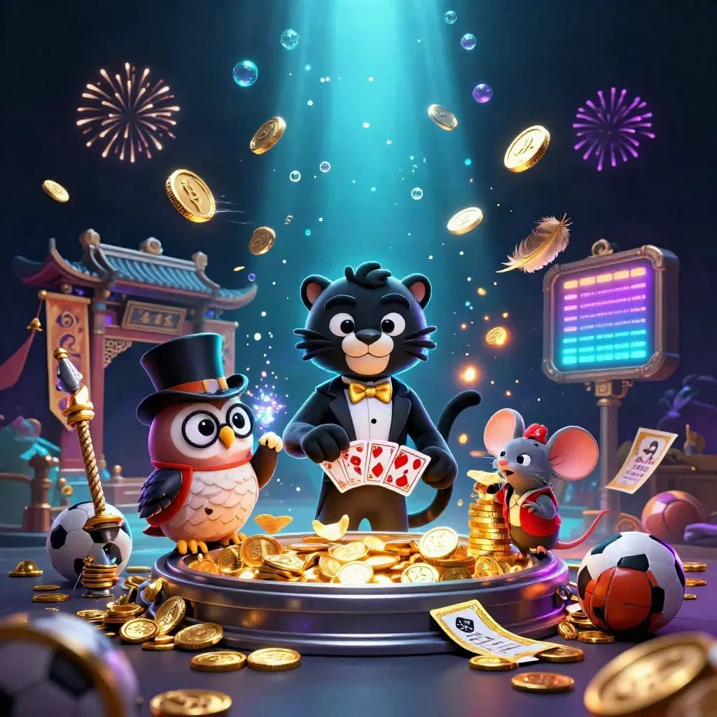 Panther, owl, and mouse amid coins, vault burst, temple gate, and neon casino lights.