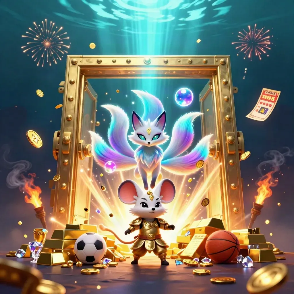 Fox spirit and armored mouse burst from a gold vault amid coins, gems, and neon casino light.