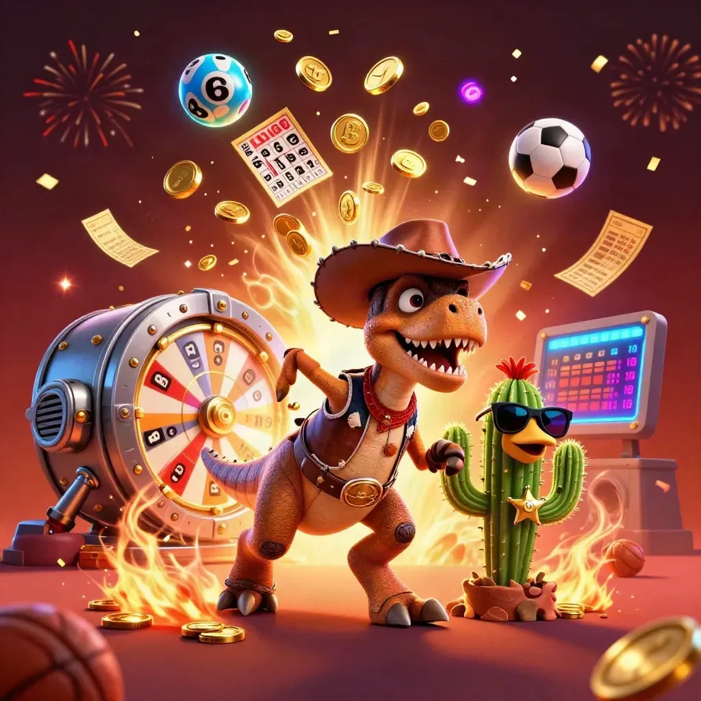 Cowboy T-Rex, cactus sidekick and roadrunner amid casino rewards, fireworks, coins and neon glow.