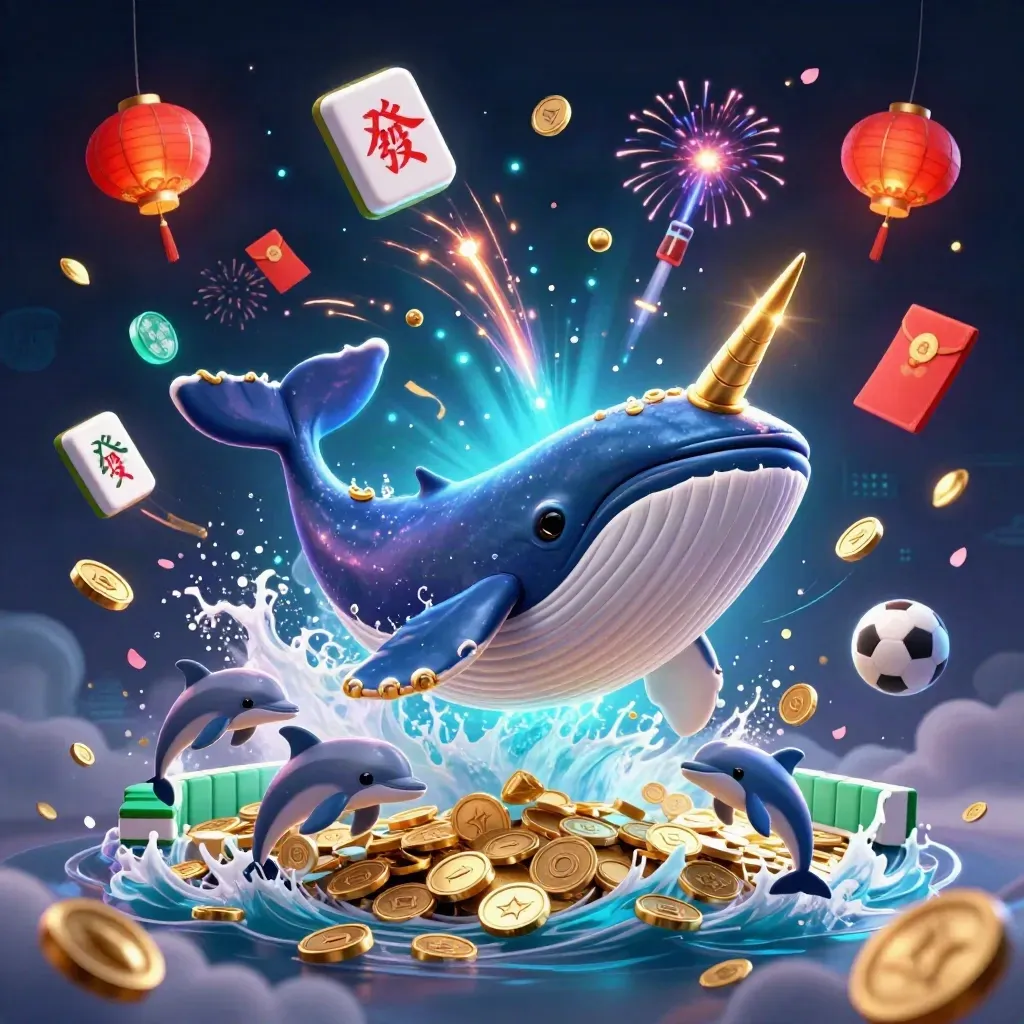 Cartoon whale captain, narwhal, and dolphins amid coins, lanterns, fireworks, and casino sports icons.