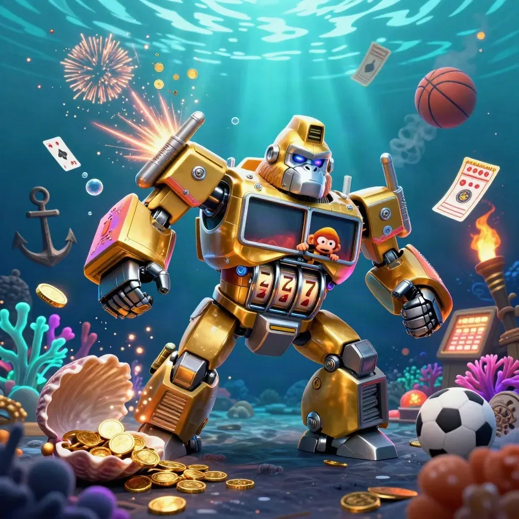 Golden gorilla slot-mech and monkey pilot amid underwater coins, coral, sports props, glowing lights