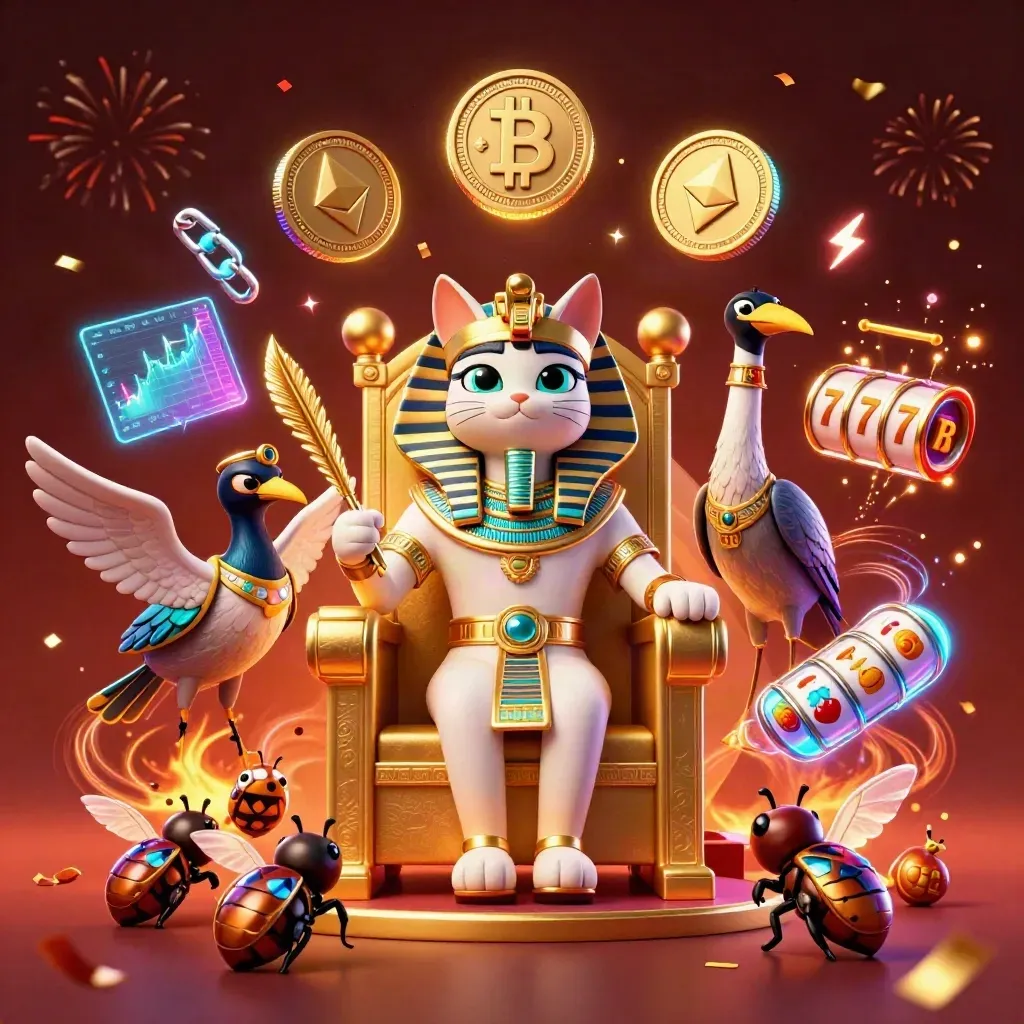 Pharaoh cat on throne with ibis scribe, scarabs, crypto coins, and neon casino effects