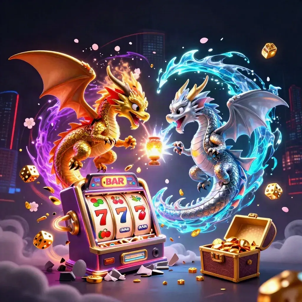 Gold and silver dragons spiral around a lantern spirit as slot symbols and gold explode.