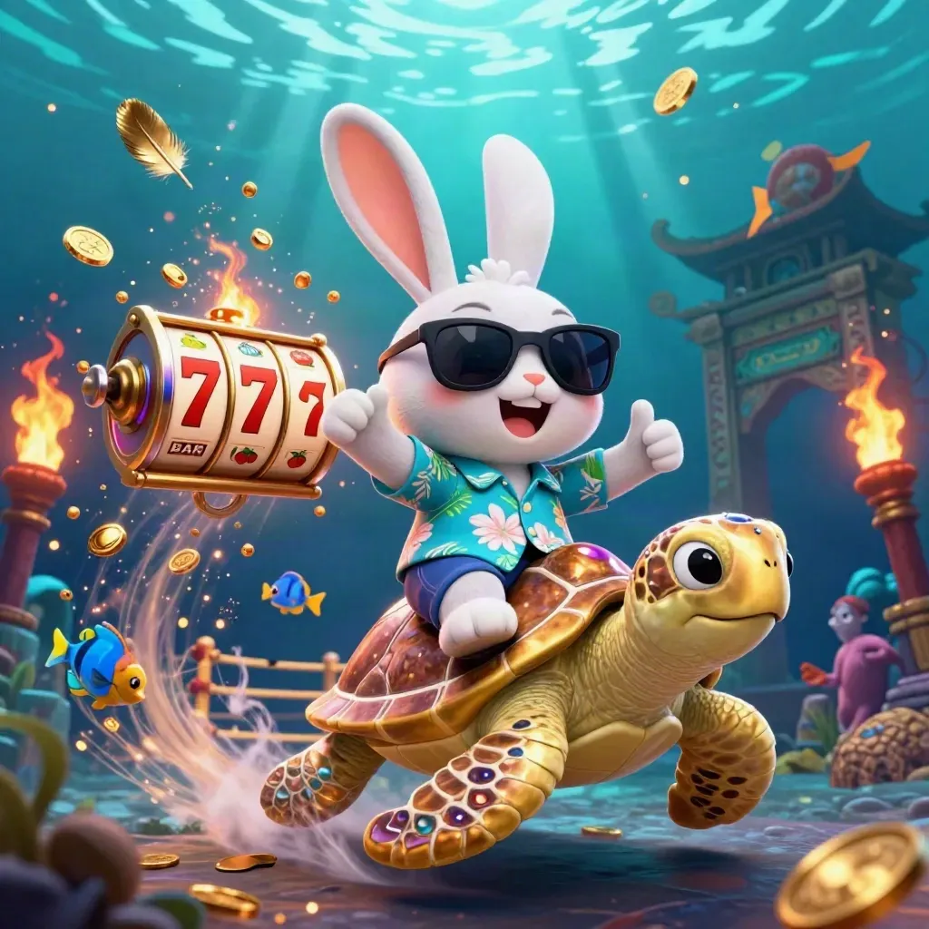 Lucky rabbit rides a gem-shell sea turtle through neon underwater casino chaos.