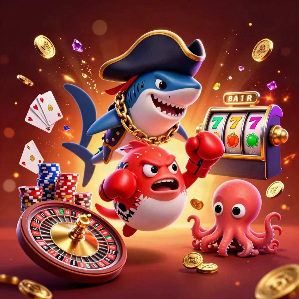 Pirate shark, boxing pufferfish, and octopus amid casino bursts and glowing reels.