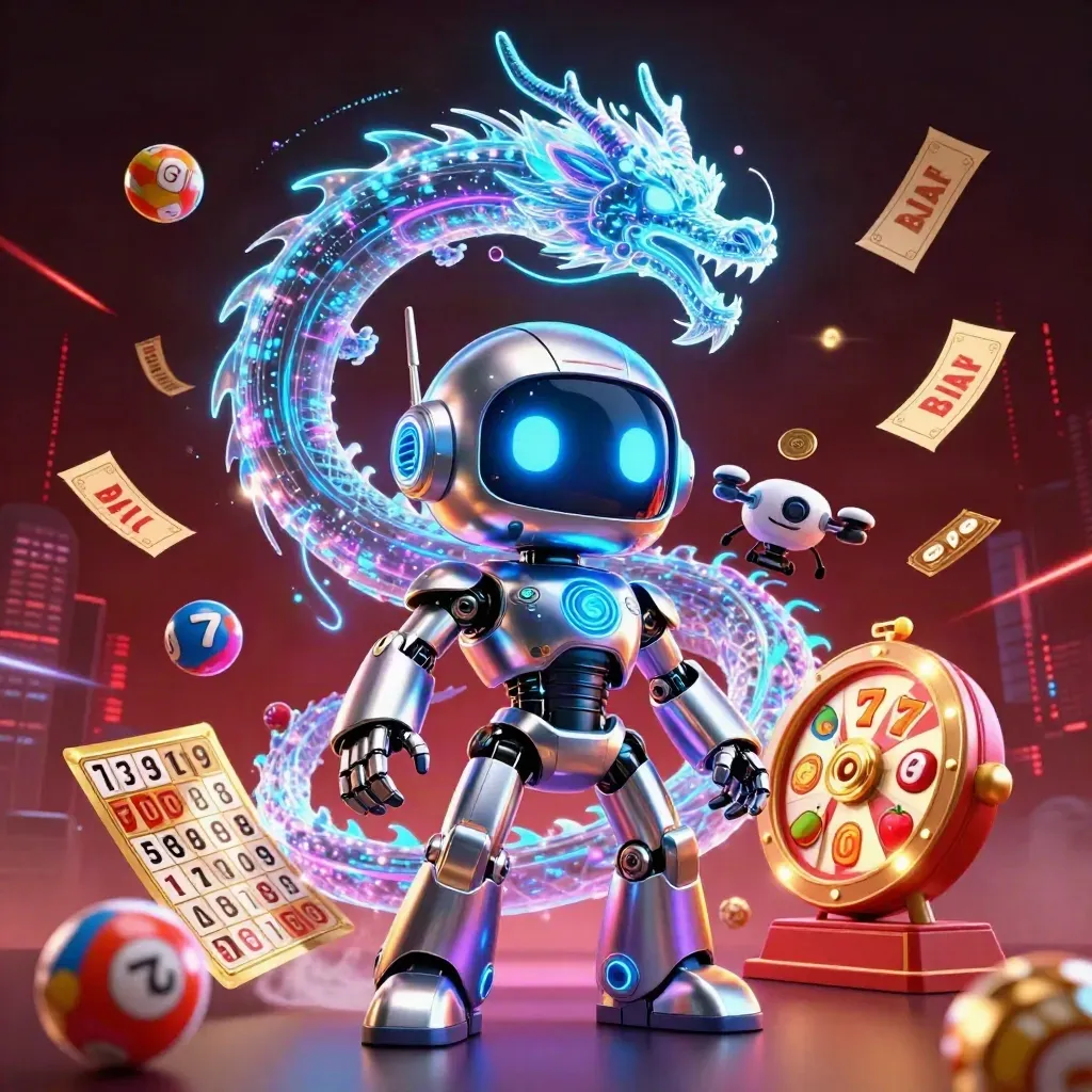 Chrome robot, holographic dragon, and coin drone amid casino reels, bingo, balls, and jackpot glow.