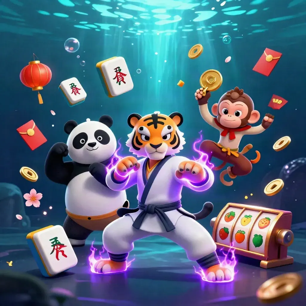Tiger master, panda disciple, and monkey student amid casino relics in a glowing underwater arena