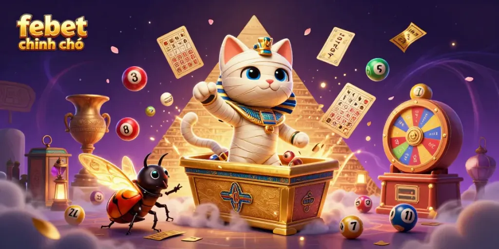 Experience the excitement of febet chính chủ with a vibrant casino scene featuring a mummy cat and glowing elements.