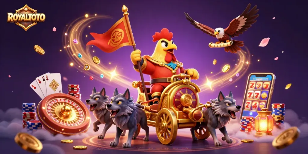 Engage with ROYALTOTO in a vibrant 3D casino world with golden treasures and excitement.