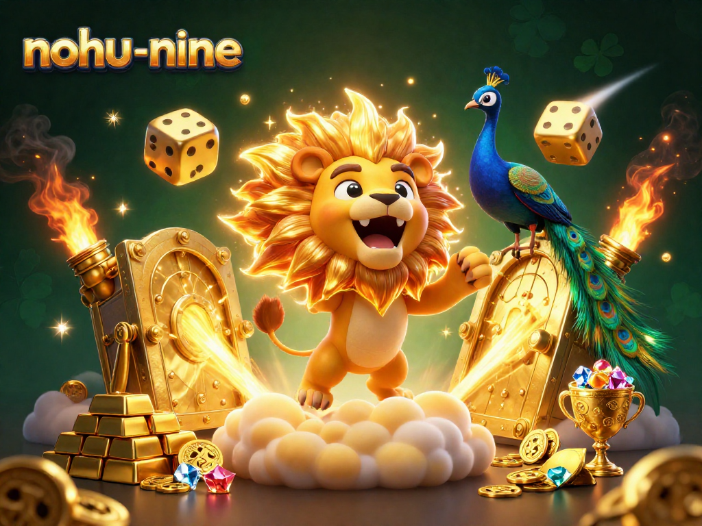 Engage in thrilling gameplay with nohu-nine, featuring vibrant 3D illustrations of golden treasures and a roaring lion.