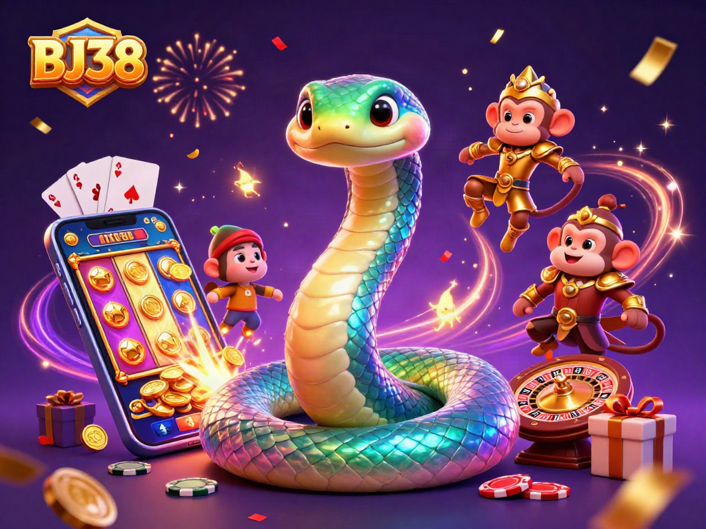 Bettors enjoy exciting wins with BJ38's colorful slot games amidst vibrant casino elements.
