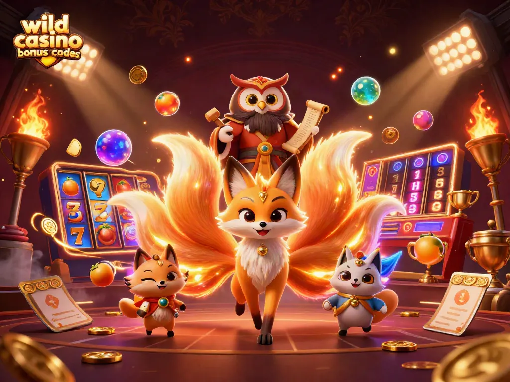 Explore wild casino bonus codes with vibrant characters, slots, and dynamic gaming elements.