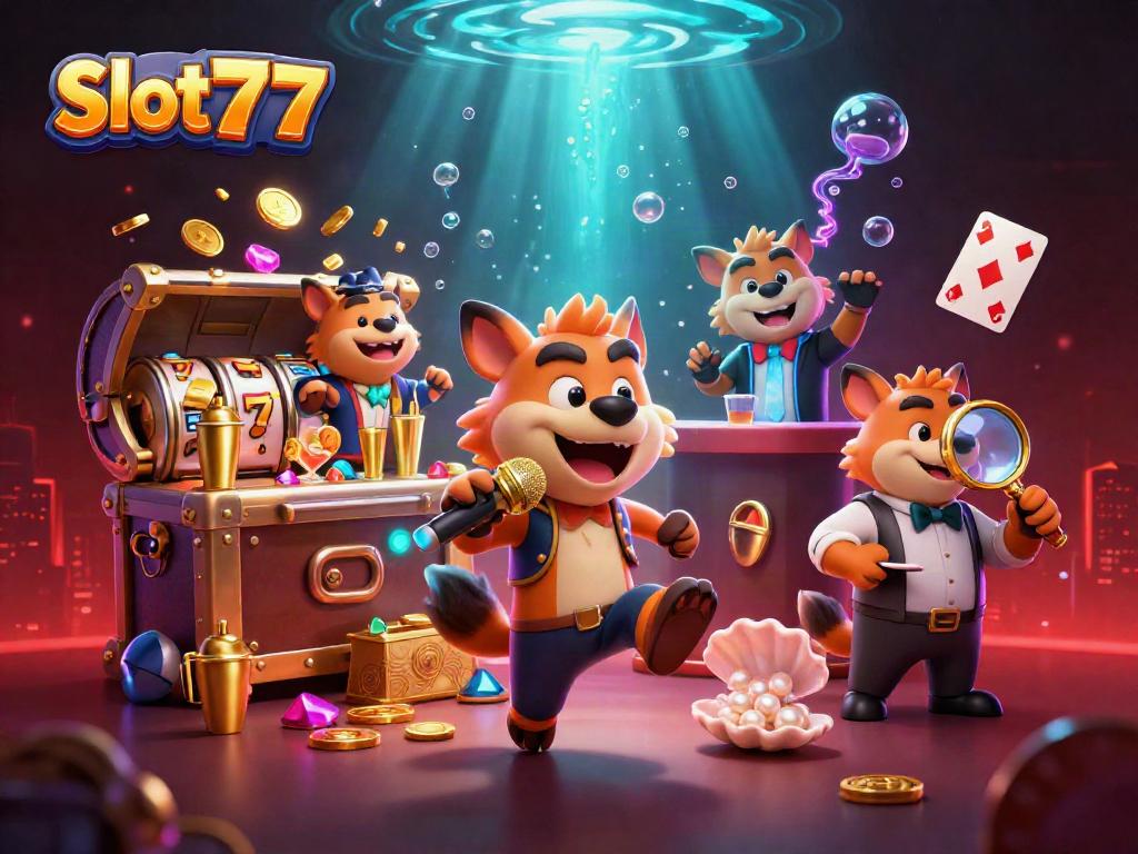 Experience excitement with Slot777's 3D illustration featuring hyenas at a vibrant casino scene.