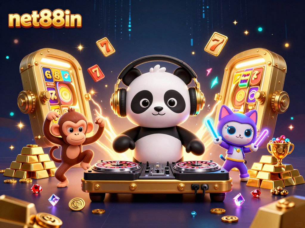 Experience net88in's vibrant casino scene with 3D characters celebrating a jackpot!