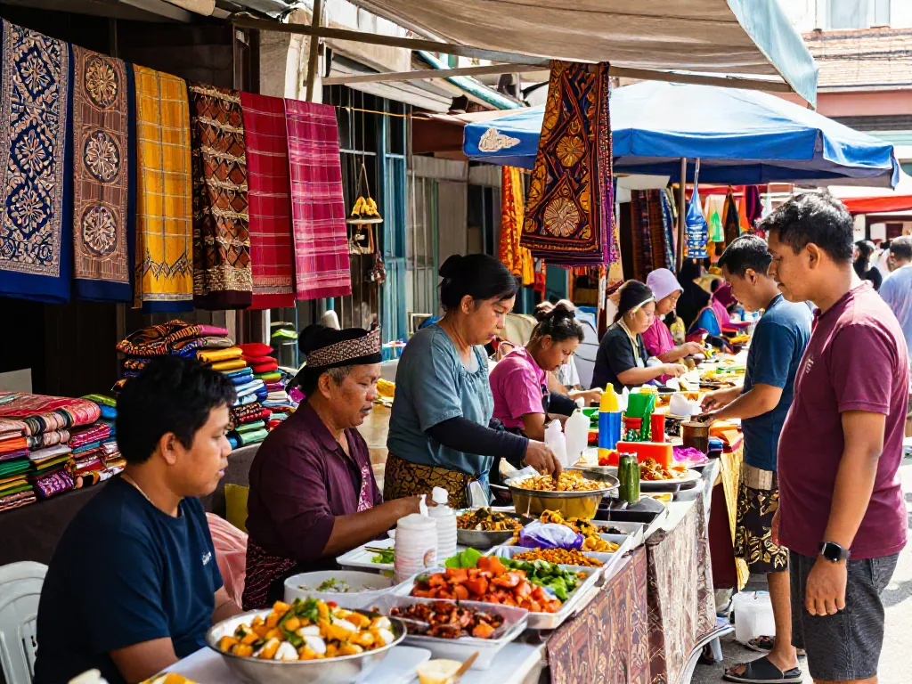 Engaging outdoor market scene showcasing nyonya4d traditions through vibrant textiles and food.