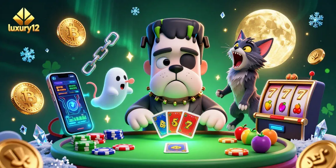 Engaging luxury12 casino scene with a Frankenstein bulldog dealing cards and a gold moon backdrop