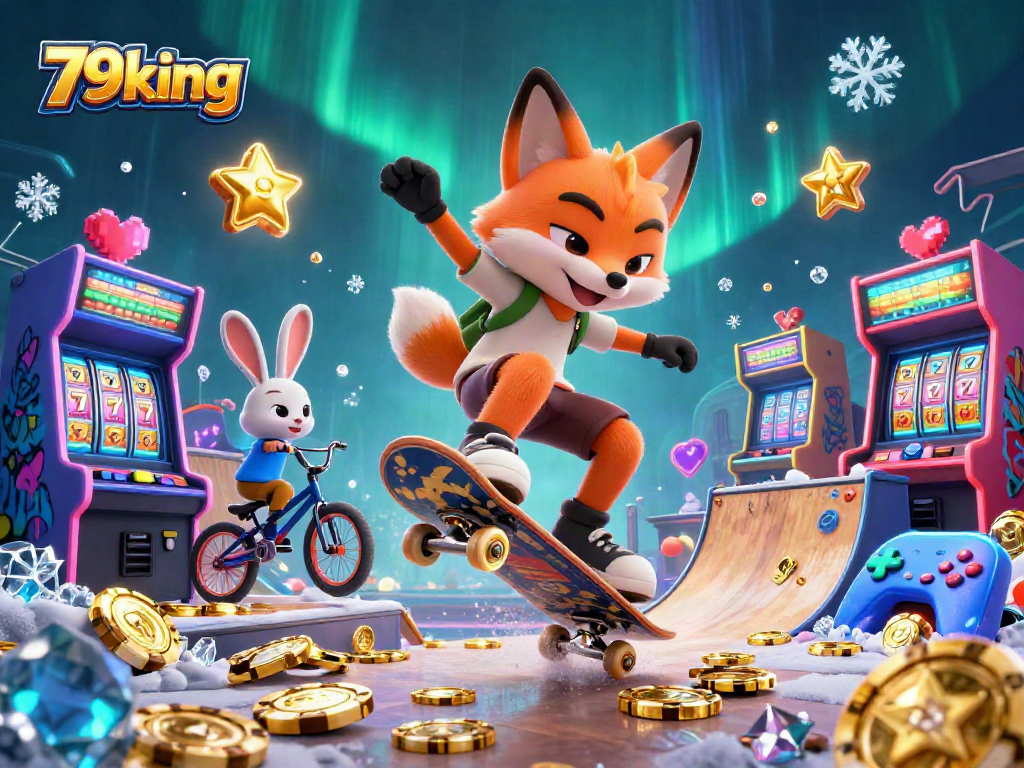 Experience thrilling action featuring 79king with a skateboarder fox and a BMX rabbit amid golden casino symbols.