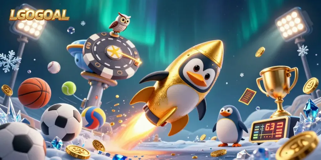LGOGOAL penguin soaring through a dynamic casino scene filled with sports elements and gold coins.