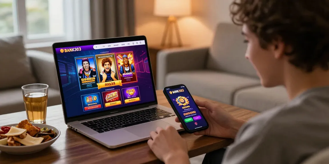 Engaging with bank303 daftar on a smartphone in a cozy home setting, showcasing exciting promotions and user experience.