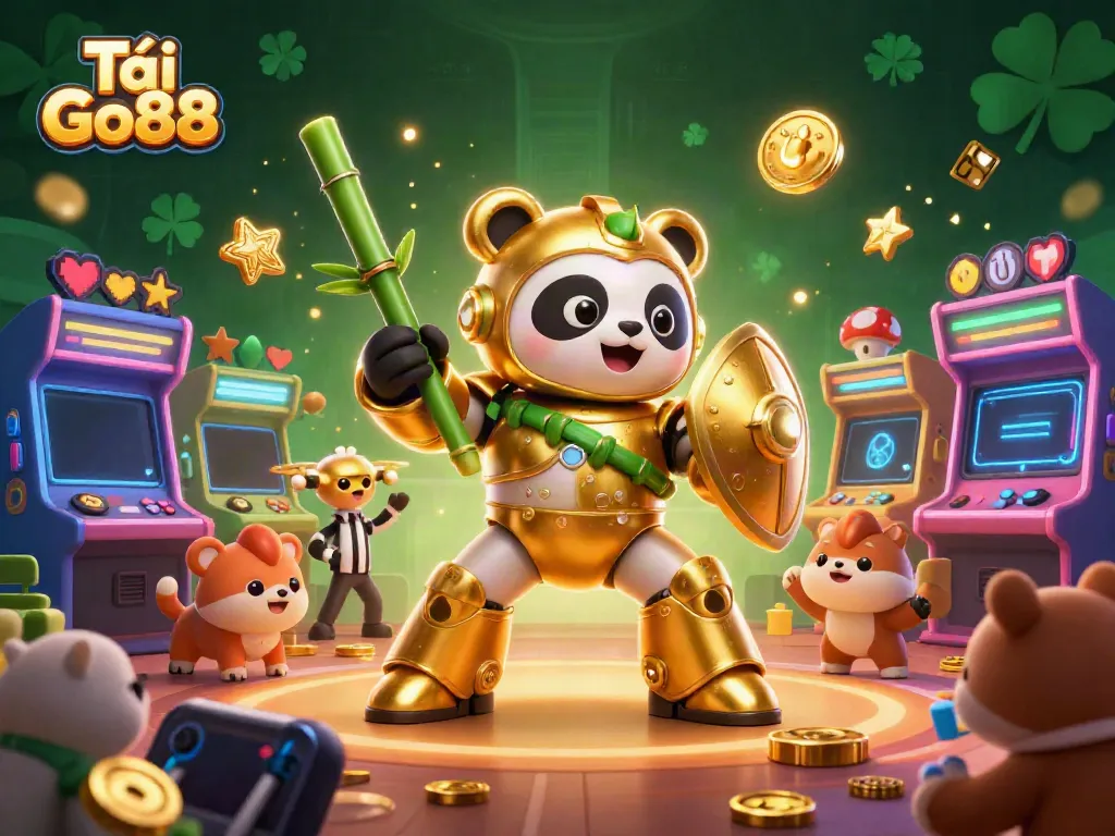Experience Tải Go88 with an action-packed 3D scene featuring golden panda warriors and gaming elements.