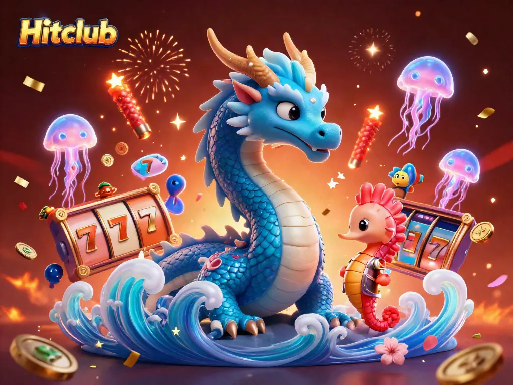 Experience thrilling games at Hitclub with a captivating 3D illustration featuring an azure dragon and seahorse knight.