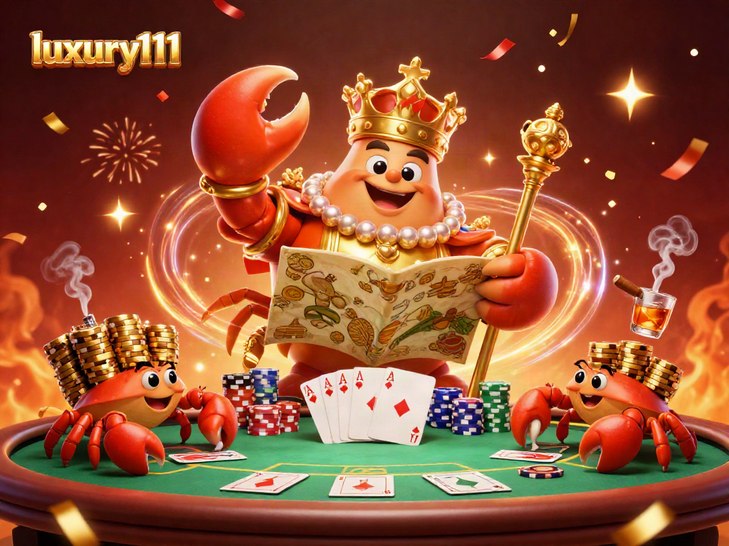 Experience luxury111 with a vibrant scene of a golden crab emperor presiding over a poker extravaganza.