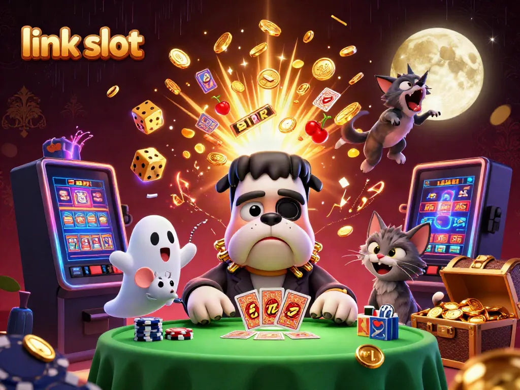 Win big with link slot symbols in a vibrant casino scene featuring thrilling characters