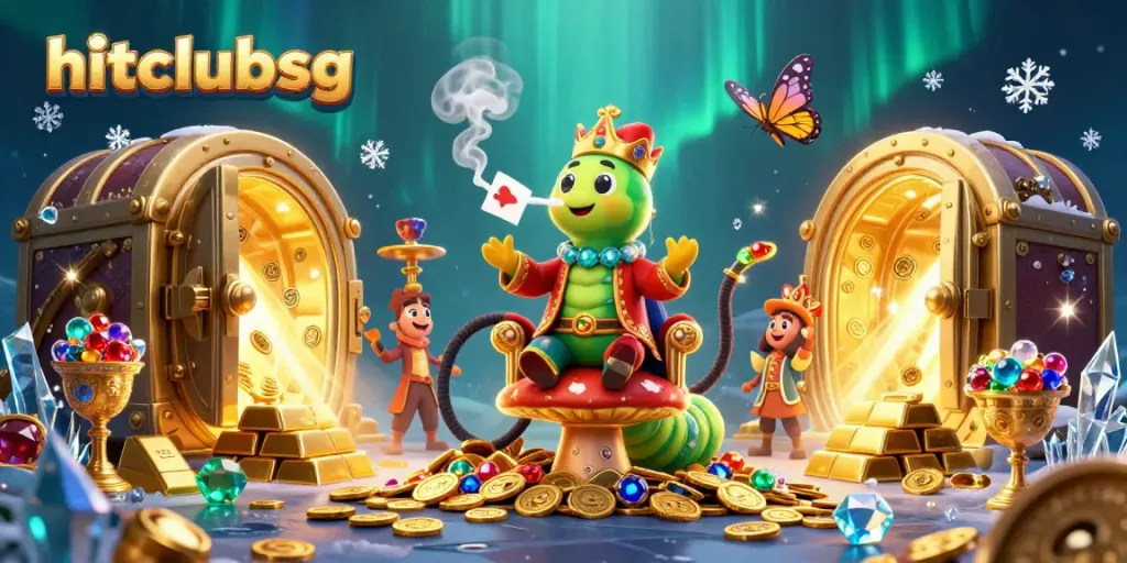 Engage with hitclubsg's vibrant online casino world through an enchanting scene of a caterpillar hookah-master.