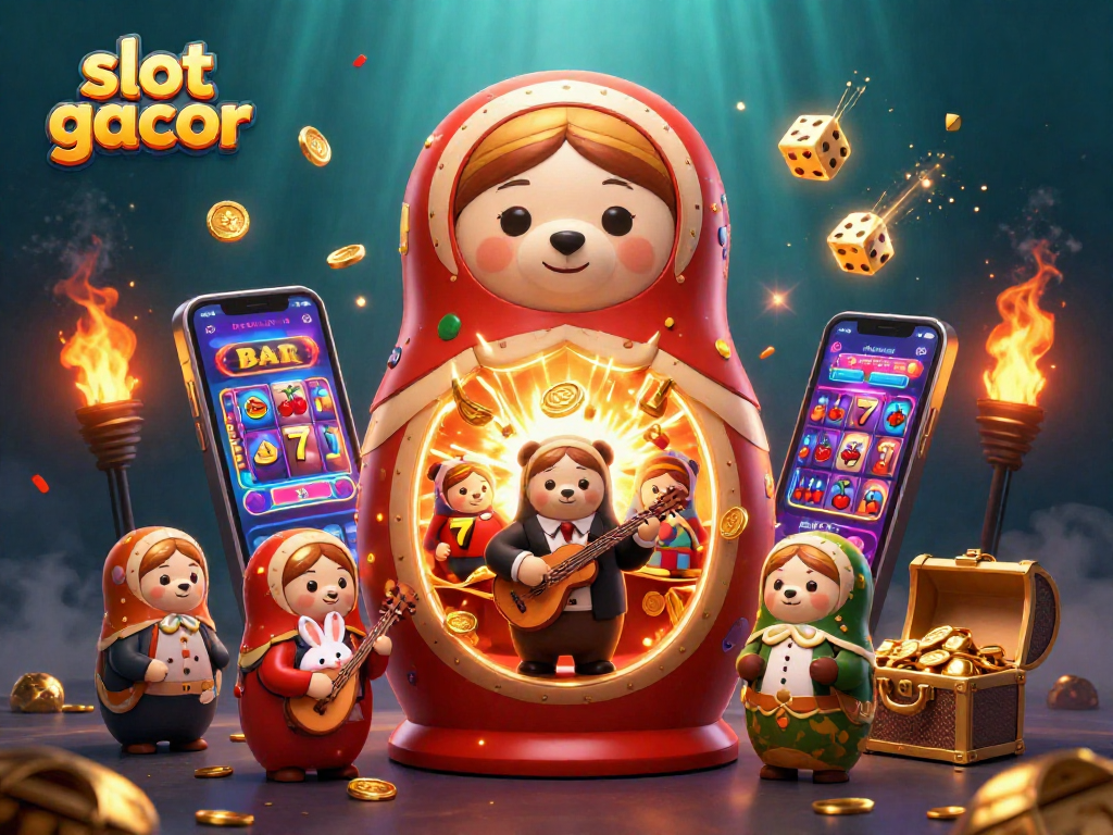 Slot gacor menampilkan karakter boneka Matryoshka bertema kasino dalam ilustrasi 3D yang mengesankan.