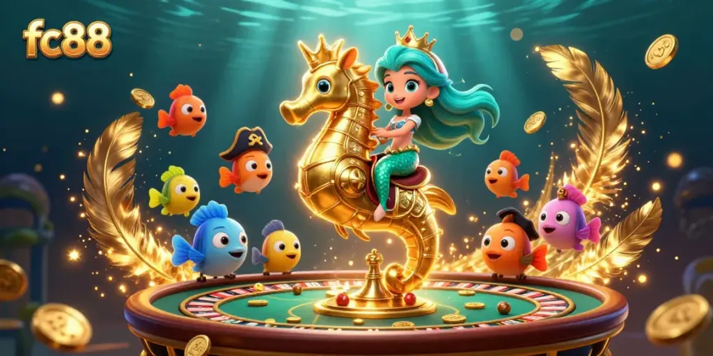 Engage in thrilling gameplay at fc88 with a vibrant underwater casino scene featuring dynamic characters and rich details.